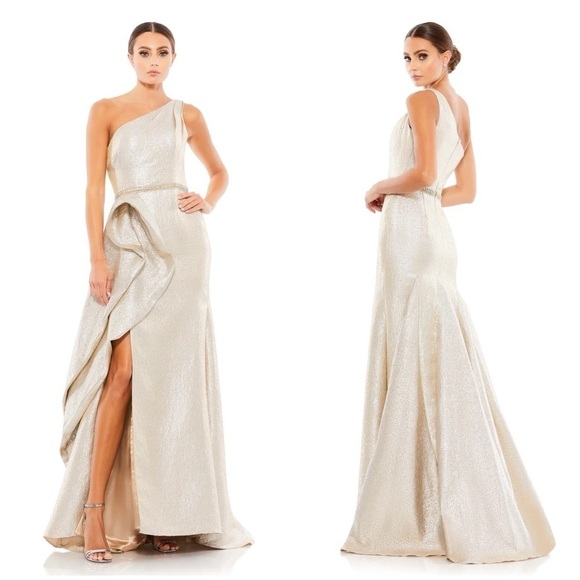 Mac Duggal Dresses & Skirts - Mac Duggal 66975 One Shoulder Metallic Ruffled Evening Gown in Oyster Size 4